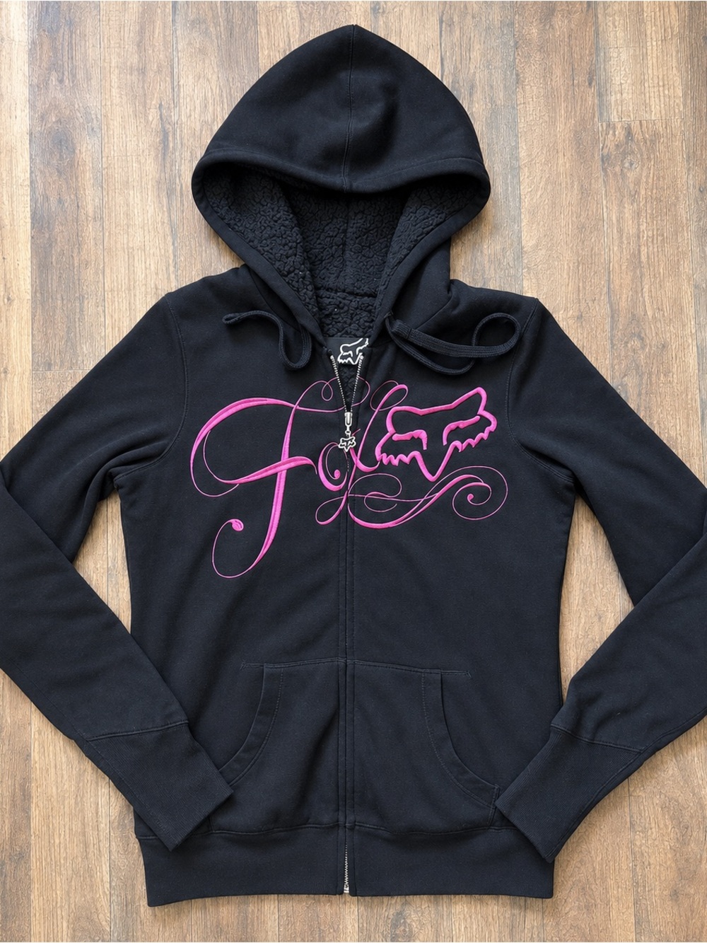 Fox Racing Y2K Women’s Black Pink Embroidered Sherpa-Lined Zip Hoodie Size M